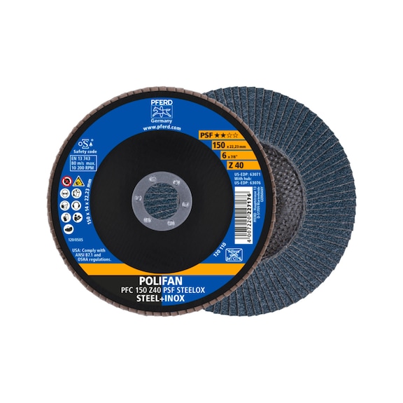 PFERD POLIFAN serrated lock washer PFC 150x22.23 mm conical Z40 line PSF STEELOX steel - Abrasive tool made of abrasive on a base