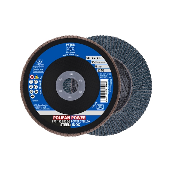 PFERD POLIFAN POWER Fächerscheibe PFC 150x22,23 mm konisch Z40 SG STEELOX Stahl - Schleifwerkzeug aus Schleifmittel auf Unterlage