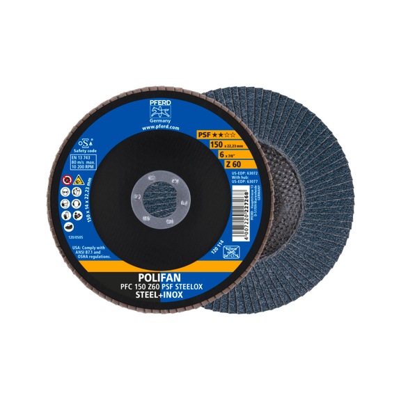 PFERD POLIFAN serrated lock washer PFC 150x22.23 mm conical Z60 line PSF STEELOX steel - Abrasive tool made of abrasive on a base