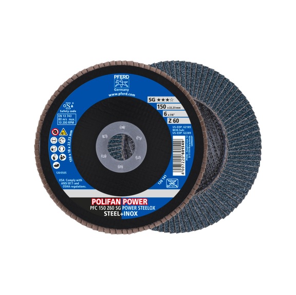 PFERD POLIFAN POWER serrated lock washer PFC 150x22.23 mm conical Z60 SG STEELOX steel - Abrasive tool made of abrasive on a base