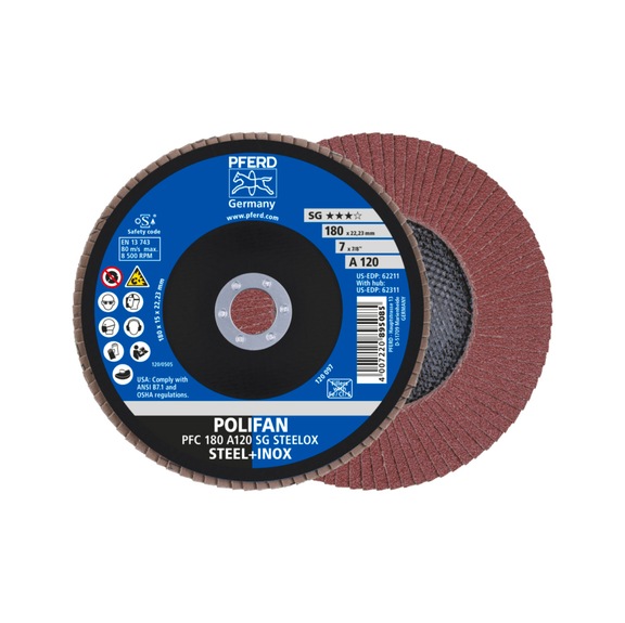 PFERD POLIFAN Fächerscheibe PFC 180x22,23 mm konisch A120 SG STEELOX Stahl - Schleifwerkzeug aus Schleifmittel auf Unterlage