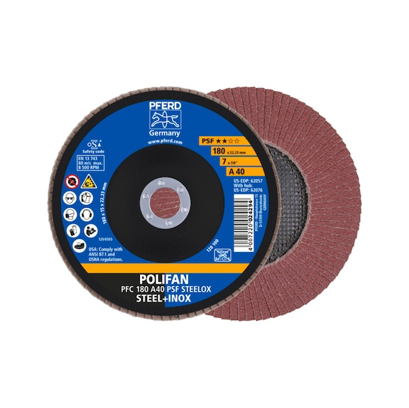 PFERD POLIFAN serrated lock washer PFC 180x22.23 mm conical A40 line PSF STEELOX steel - Abrasive tool made of abrasive on a base
