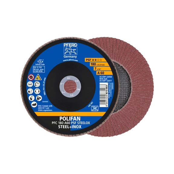PFERD POLIFAN Fächerscheibe PFC 180x22,23 mm konisch A60 Linie PSF STEELOX Stahl - Schleifwerkzeug aus Schleifmittel auf Unterlage