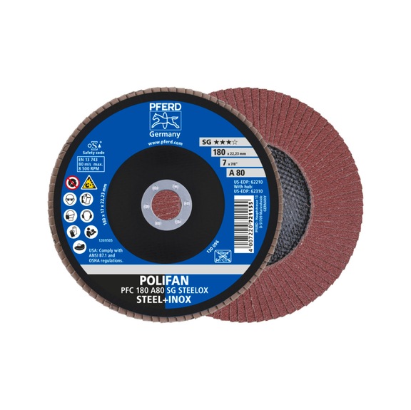 PFERD POLIFAN serrated lock washer PFC 180x22.23 mm conical A80 SG STEELOX steel - Abrasive tool made of abrasive on a base