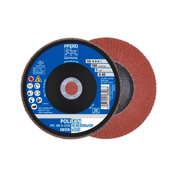 PFERD POLIFAN serrated lock washer PFC 180x22.23 mm conical A-COOL 40 SG INOX ALU - Abrasive tool made of abrasive on a base