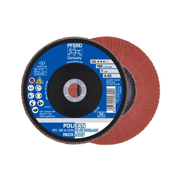 PFERD POLIFAN Fächerscheibe PFC 180x22,23 mm konisch A-COOL 60 SG INOX ALU - Schleifwerkzeug aus Schleifmittel auf Unterlage
