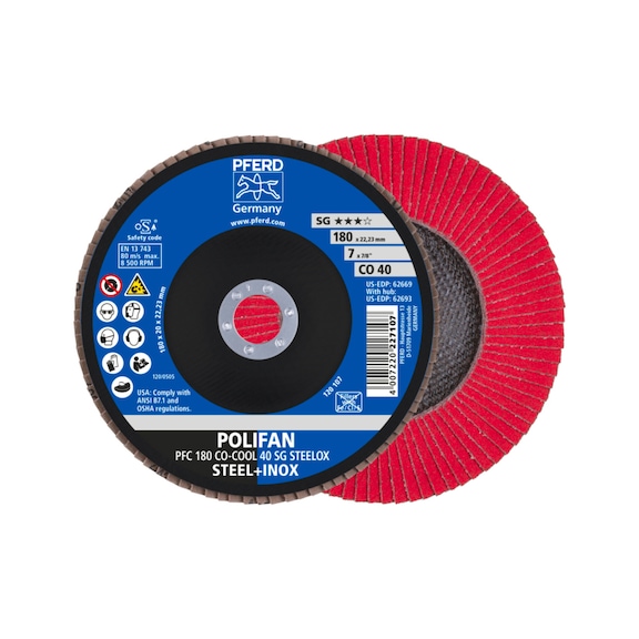 PFERD POLIFAN Fächerscheibe PFC 180x22,23 mm konisch CO-COOL 40 SG STEELOX Stahl - Schleifwerkzeug aus Schleifmittel auf Unterlage