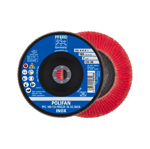 PFERD POLIFAN serrated lock washer PFC 180x22.23 mm conical CO-FREEZE 36 SG INOX - Abrasive tool made of abrasive on a base