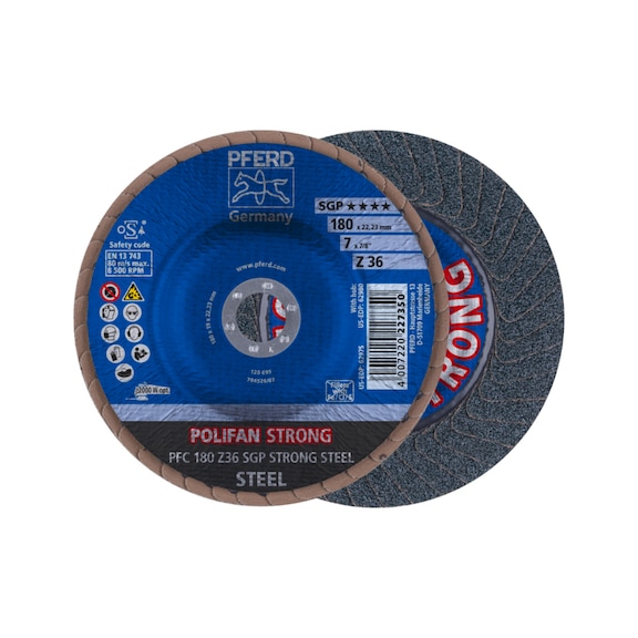 PFERD POLIFAN STRONG serrated lock washer PFC 180x22.23 mm conical Z36 line SGP STEEL - Abrasive tool made of abrasive on a base