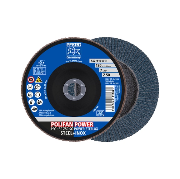 PFERD POLIFAN POWER serrated lock washer PFC 180x22.23 mm conical Z50 SG STEELOX - Abrasive tool made of abrasive on a base