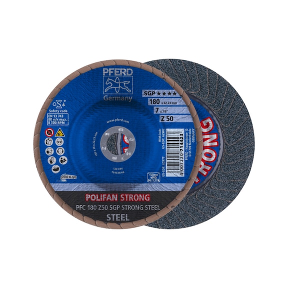 PFERD POLIFAN STRONG serrated lock washer PFC 180x22.23 mm conical Z50 line SGP STEEL - Abrasive tool made of abrasive on a base