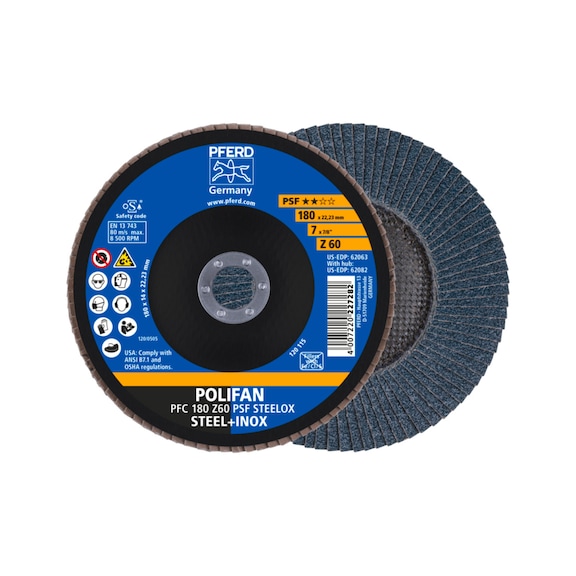 PFERD POLIFAN Fächerscheibe PFC 180x22,23 mm konisch Z60 Linie PSF STEELOX Stahl - Schleifwerkzeug aus Schleifmittel auf Unterlage