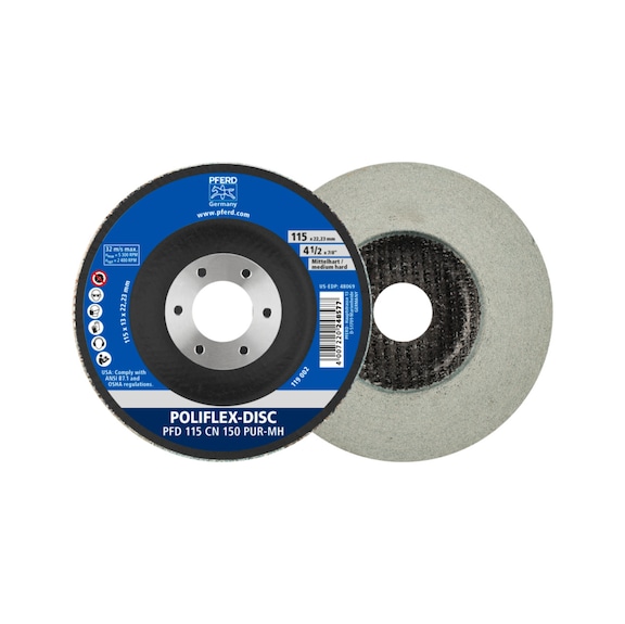 PFERD Poliflex Disc PFD Durchmesser 115x14mm Bohrung 22,23 PUR Mittelhart SIC150 - Schleifmittel aus gebundenem Schleifmittel mit Bohrung oder Gewinde