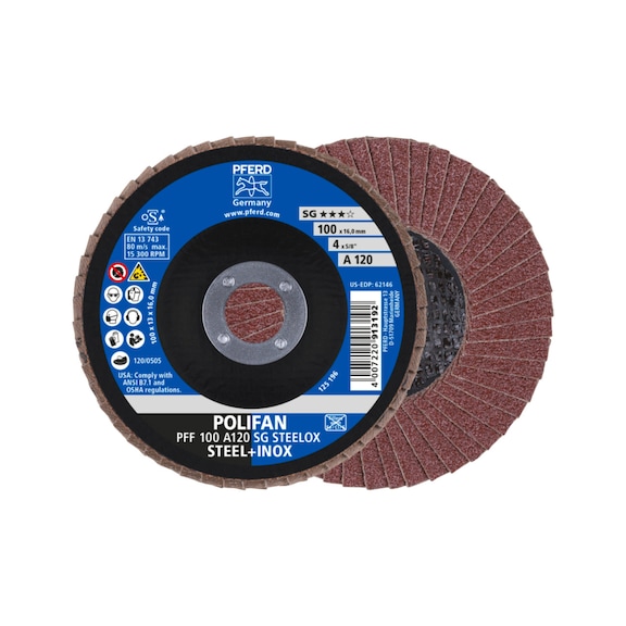 PFERD POLIFAN Fächerscheibe PFF 100x16 mm flach A120 Linie SG STEELOX Stahl - Schleifwerkzeug aus Schleifmittel auf Unterlage