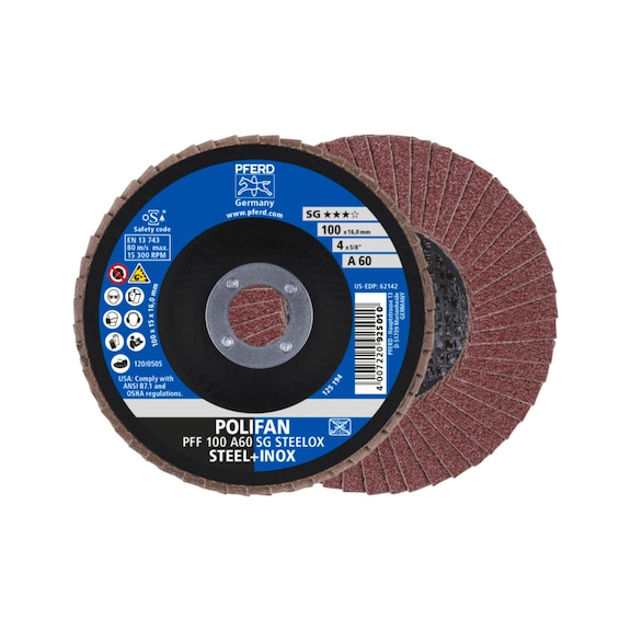 PFERD POLIFAN serrated lock washer PFF 100x16 mm flat A60 line SG STEELOX steel - Abrasive tool made of abrasive on a base