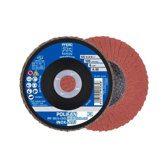 PFERD POLIFAN serrated lock washer PFF 100x16 mm flat A-COOL 40 SG INOX ALU stainless steel - Abrasive tool made of abrasive on a base