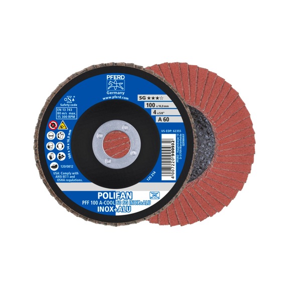 PFERD POLIFAN serrated lock washer PFF 100x16 mm flat A-COOL 60 SG INOX ALU stainless steel - Abrasive tool made of abrasive on a base