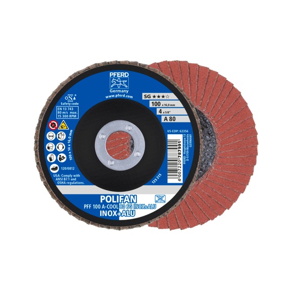 PFERD POLIFAN serrated lock washer PFF 100x16 mm flat A-COOL 80 SG INOX ALU stainless steel - Abrasive tool made of abrasive on a base