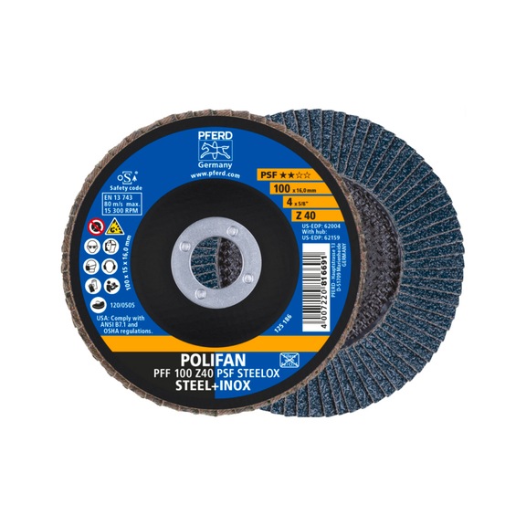 PFERD POLIFAN serrated lock washer PFF 100x16 mm flat Z40 line PSF STEELOX steel - Abrasive tool made of abrasive on a base