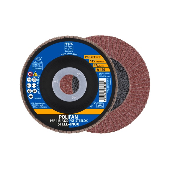 PFERD POLIFAN serrated lock washer PFF 115x22.23 mm flat A120 line PSF STEELOX steel - Abrasive tool made of abrasive on a base