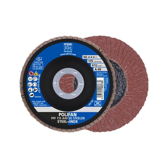 PFERD POLIFAN Fächerscheibe PFF 115x22,23 mm flach A40 Linie SG STEELOX Stahl - Schleifwerkzeug aus Schleifmittel auf Unterlage