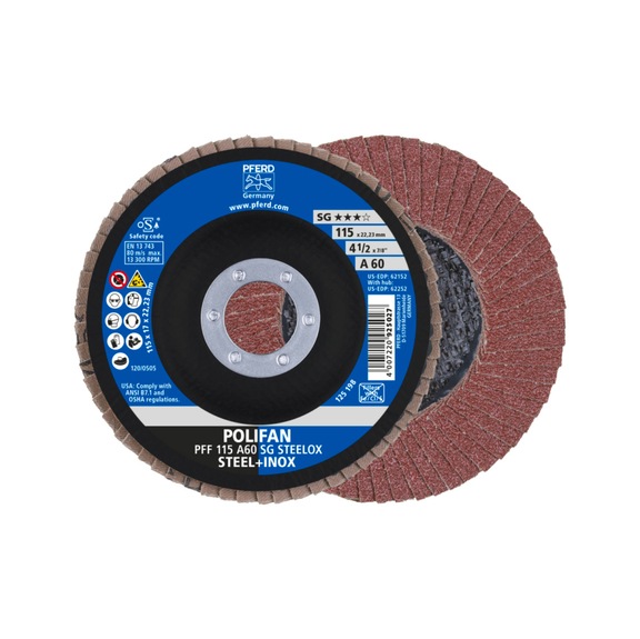 PFERD POLIFAN serrated lock washer PFF 115x22.23 mm flat A60 line SG STEELOX steel - Abrasive tool made of abrasive on a base