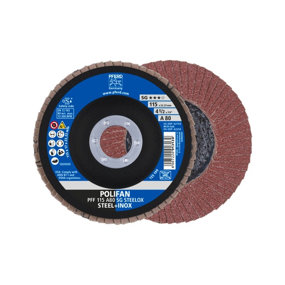 PFERD POLIFAN serrated lock washer PFF 115x22.23 mm flat A80 line SG STEELOX steel - Abrasive tool made of abrasive on a base