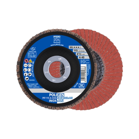 PFERD POLIFAN serrated lock washer PFF 115x22.23 mm flat A-COOL 40 line SG INOX ALU - Abrasive tool made of abrasive on a base