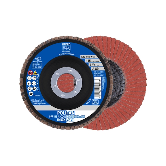 PFERD POLIFAN Fächerscheibe PFF 115x22,23 mm flach A-COOL 80 Linie SG INOX ALU - Schleifwerkzeug aus Schleifmittel auf Unterlage