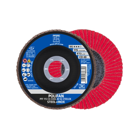 PFERD POLIFAN serrated lock washer PFF 115x22.23 mm flat CO-COOL 40 SG STEELOX - Abrasive tool made of abrasive on a base