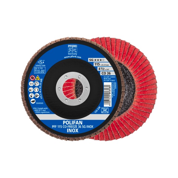 PFERD POLIFAN serrated lock washer PFF 115x22.23 mm flat CO-FREEZE 36 line SG INOX - Abrasive tool made of abrasive on a base