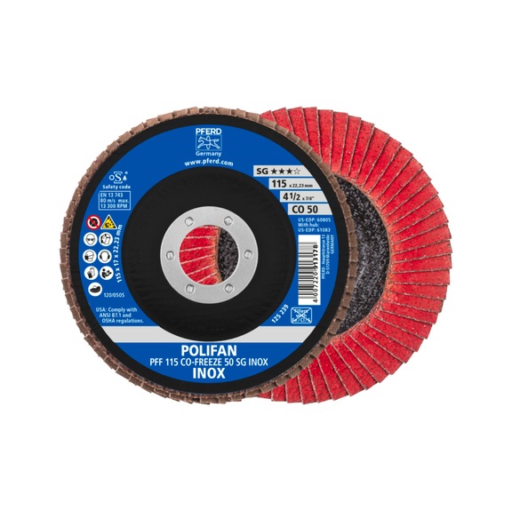 PFERD POLIFAN Fächerscheibe PFF 115x22,23 mm flach CO-FREEZE 50 Linie SG INOX - Schleifwerkzeug aus Schleifmittel auf Unterlage