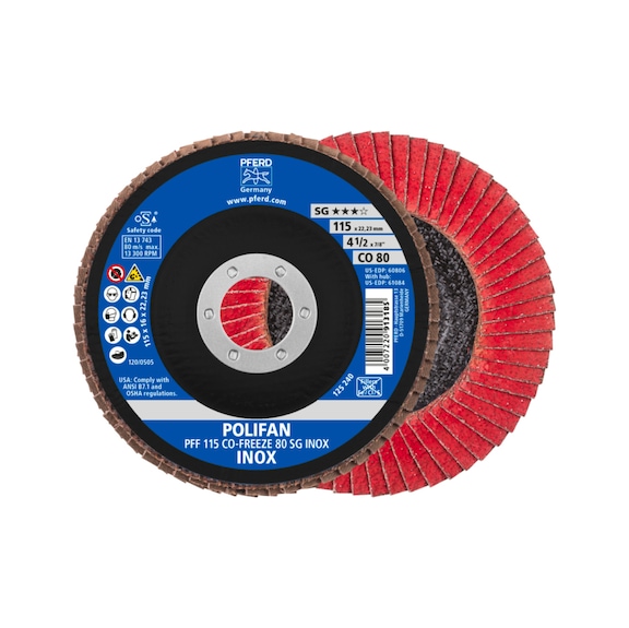 PFERD POLIFAN serrated lock washer PFF 115x22.23 mm flat CO-FREEZE 80 Line SG INOX - Abrasive tool made of abrasive on a base