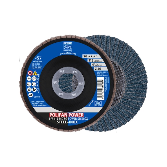 PFERD POLIFAN POWER flap disc PFF 115x22.23 mm flat Z40 SG POWER STEELOX - Abrasive tool made of abrasive on a base