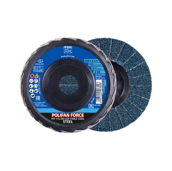 PFERD POLIFAN FORCE flap disc PFF 115x22.23 mm conical Z40 line SGP STEEL - Abrasive tool made of abrasive on a base