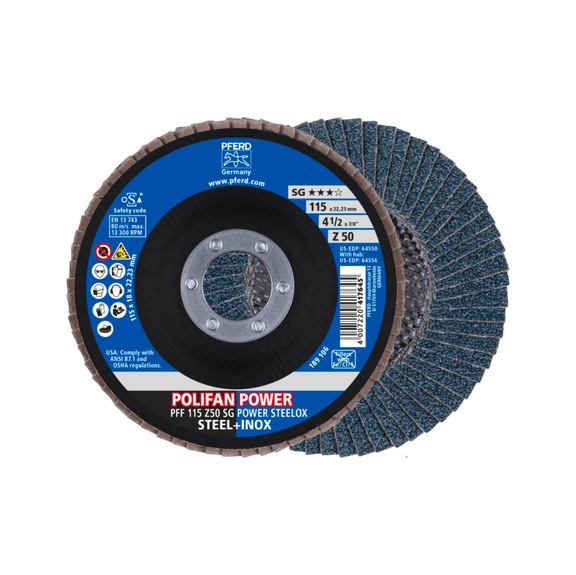 PFERD POLIFAN POWER flap disc PFF 115x22.23 mm flat Z50 line SG STEELOX - Abrasive tool made of abrasive on a base