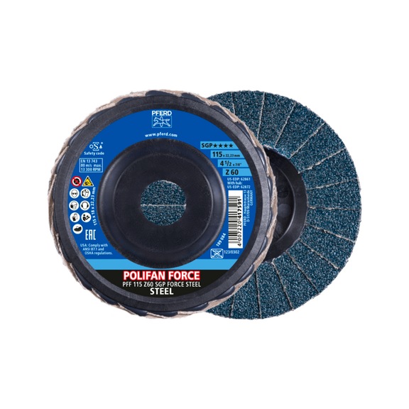PFERD POLIFAN FORCE flap disc PFF 115x22.23 mm conical Z60 line SGP STEEL - Abrasive tool made of abrasive on a base