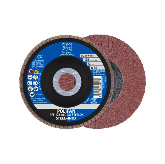 PFERD POLIFAN serrated lock washer PFF 125x22.23 mm flat A60 line SG STEELOX steel - Abrasive tool made of abrasive on a base