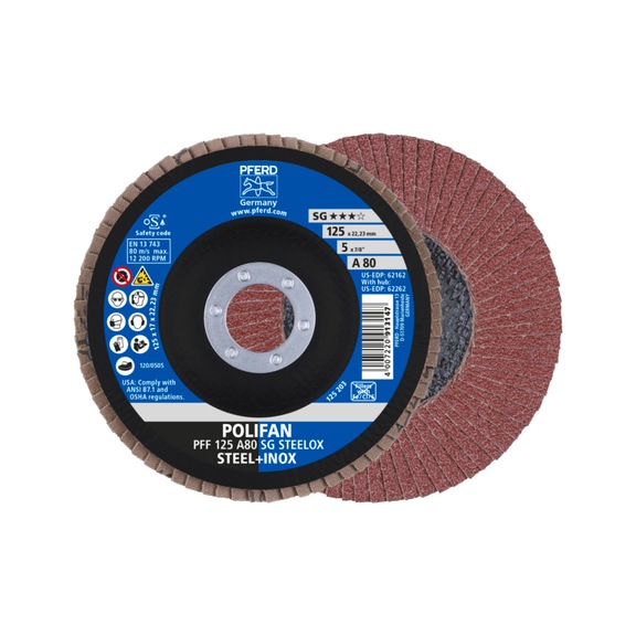 PFERD POLIFAN serrated lock washer PFF 125x22.23 mm flat A80 line SG STEELOX steel - Abrasive tool made of abrasive on a base