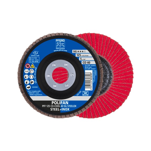 PFERD POLIFAN serrated lock washer PFF 125x22.23 mm flat CO-COOL 40 SG STEELOX steel - Abrasive tool made of abrasive on a base