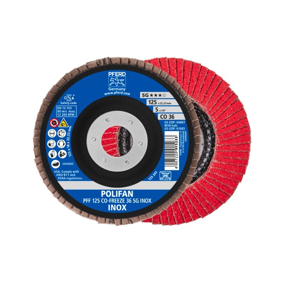 PFERD POLIFAN Fächerscheibe PFF 125x22,23 mm flach CO-FREEZE 36 Linie SG INOX - Schleifwerkzeug aus Schleifmittel auf Unterlage