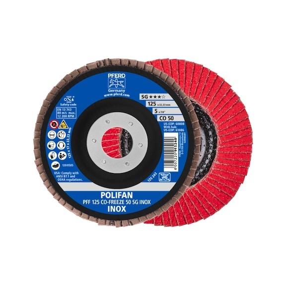 PFERD POLIFAN serrated lock washer PFF 125x22.23 mm flat CO-FREEZE 50 line SG INOX - Abrasive tool made of abrasive on a base
