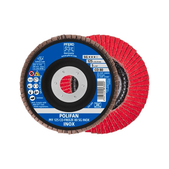 PFERD POLIFAN Fächerscheibe PFF 125x22,23 mm flach CO-FREEZE 80 Linie SG INOX - Schleifwerkzeug aus Schleifmittel auf Unterlage