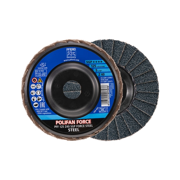 PFERD POLIFAN FORCE serrated lock washer PFF 125x22.23 mm conical Z40 line SGP STEEL - Abrasive tool made of abrasive on a base