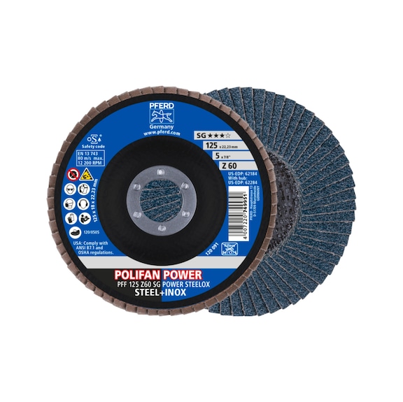 PFERD POLIFAN POWER serrated lock washer PFF 125x22.23 mm flat Z60 SG POWER STEELOX - Abrasive tool made of abrasive on a base