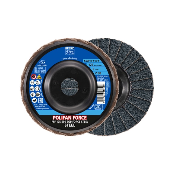 PFERD POLIFAN FORCE Fächerscheibe PFF 125x22,23 mm konisch Z60 Linie SGP STEEL - Schleifwerkzeug aus Schleifmittel auf Unterlage