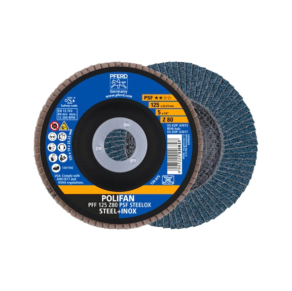 PFERD POLIFAN Fächerscheibe PFF 125x22,23mm flach Z80 Universallinie PSF STEELOX - Schleifwerkzeug aus Schleifmittel auf Unterlage