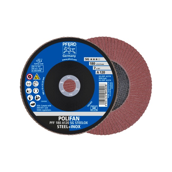 PFERD POLIFAN serrated lock washer PFF 180x22.23mm flat A120 performance line SG STEELOX - Abrasive tool made of abrasive on a base