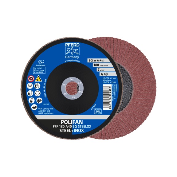 PFERD POLIFAN serrated lock washer PFF 180x22.23 mm flat A40 line SG STEELOX steel - Abrasive tool made of abrasive on a base