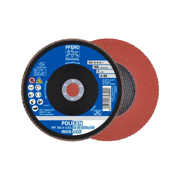 PFERD POLIFAN serrated lock washer PFF 180x22.23 mm flat A-COOL 80 SG INOX ALU - Abrasive tool made of abrasive on a base